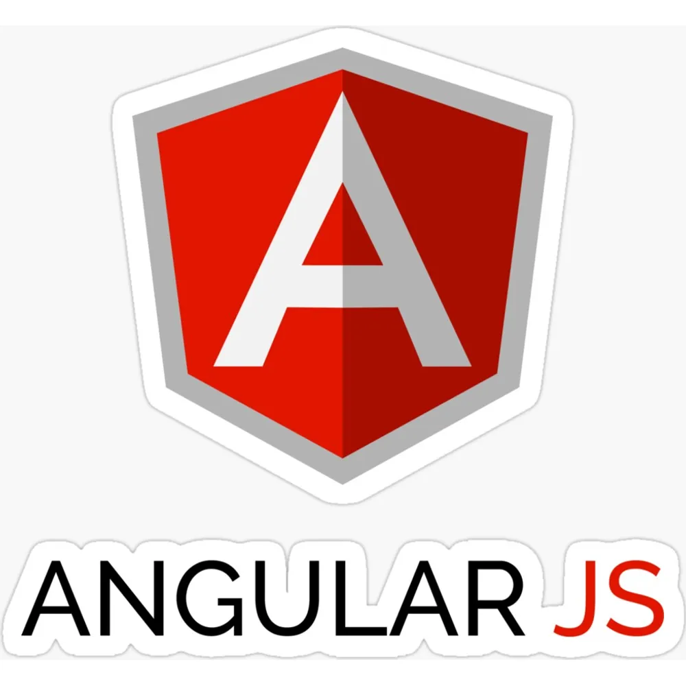 The Angular logo, a red shield containing a white letter A above the words Angular JS