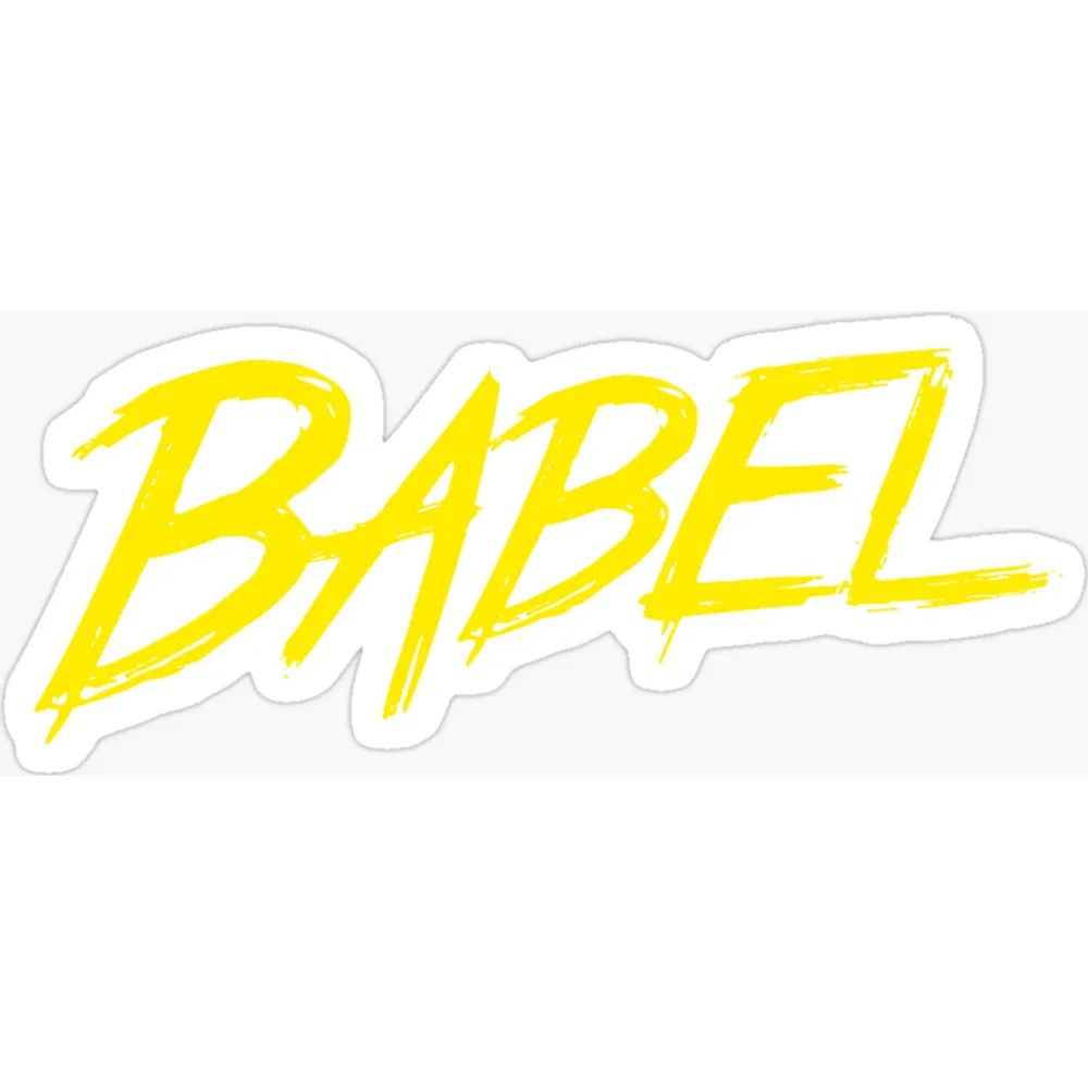 The word Babel hand-lettered in yellow brush script with a black outline