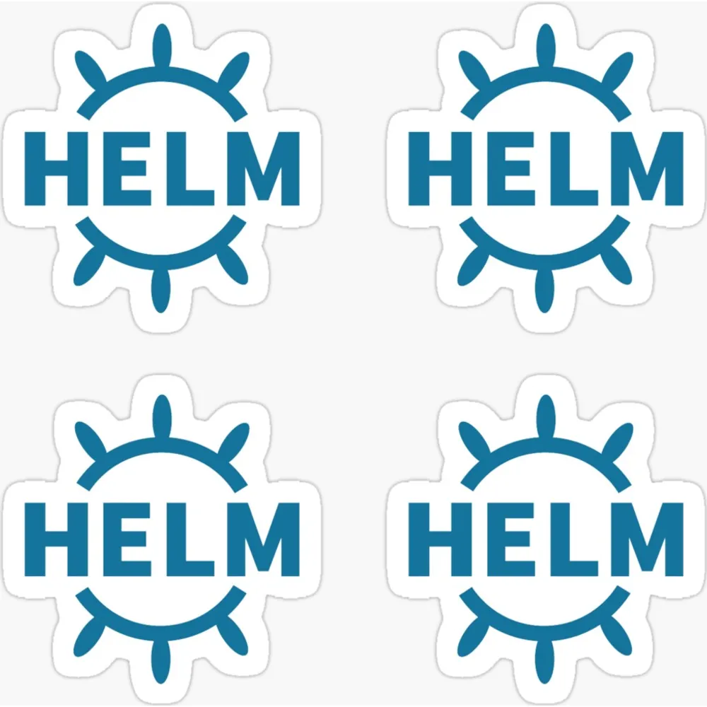 A sheet of four identical blue Helm ship wheel logo stickers