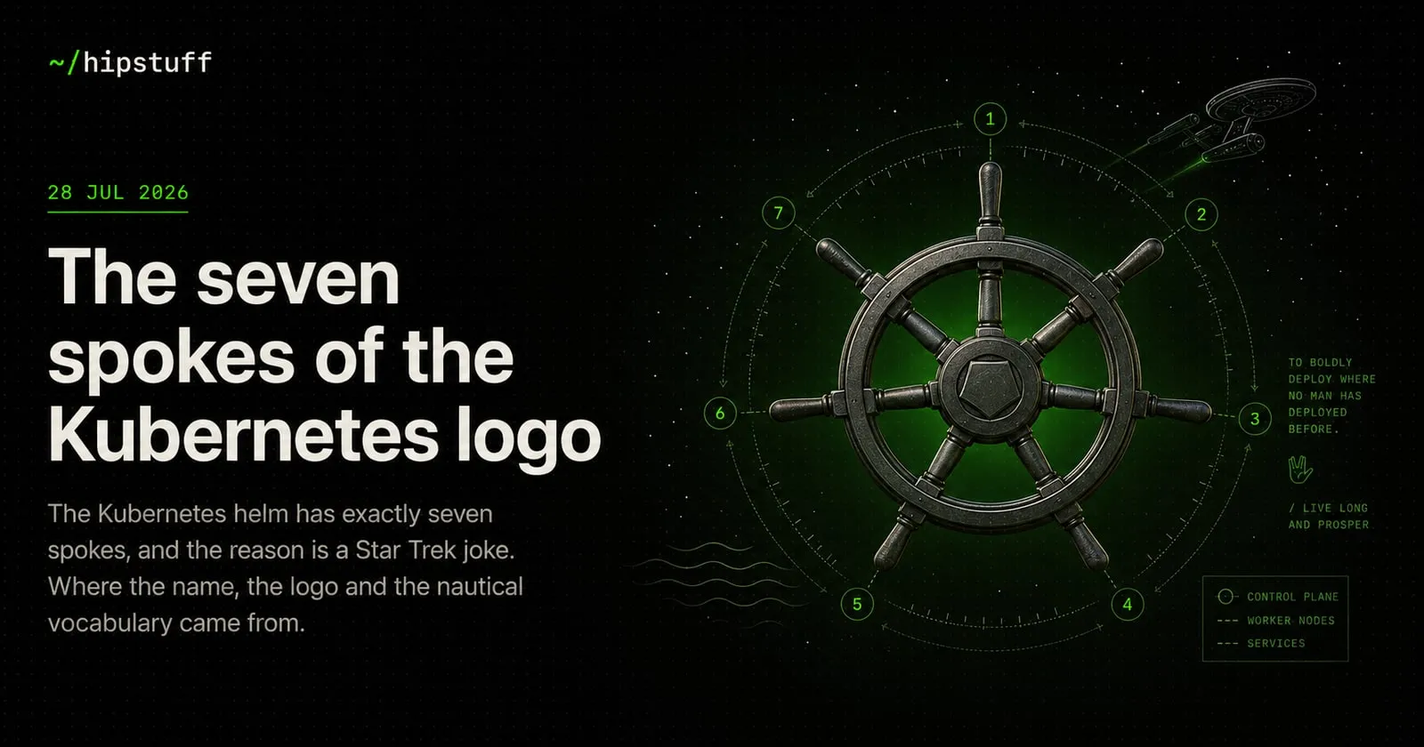 A ship's wheel with its seven spokes individually numbered, a Star Trek starship passing overhead, and nautical chart annotations around the edge