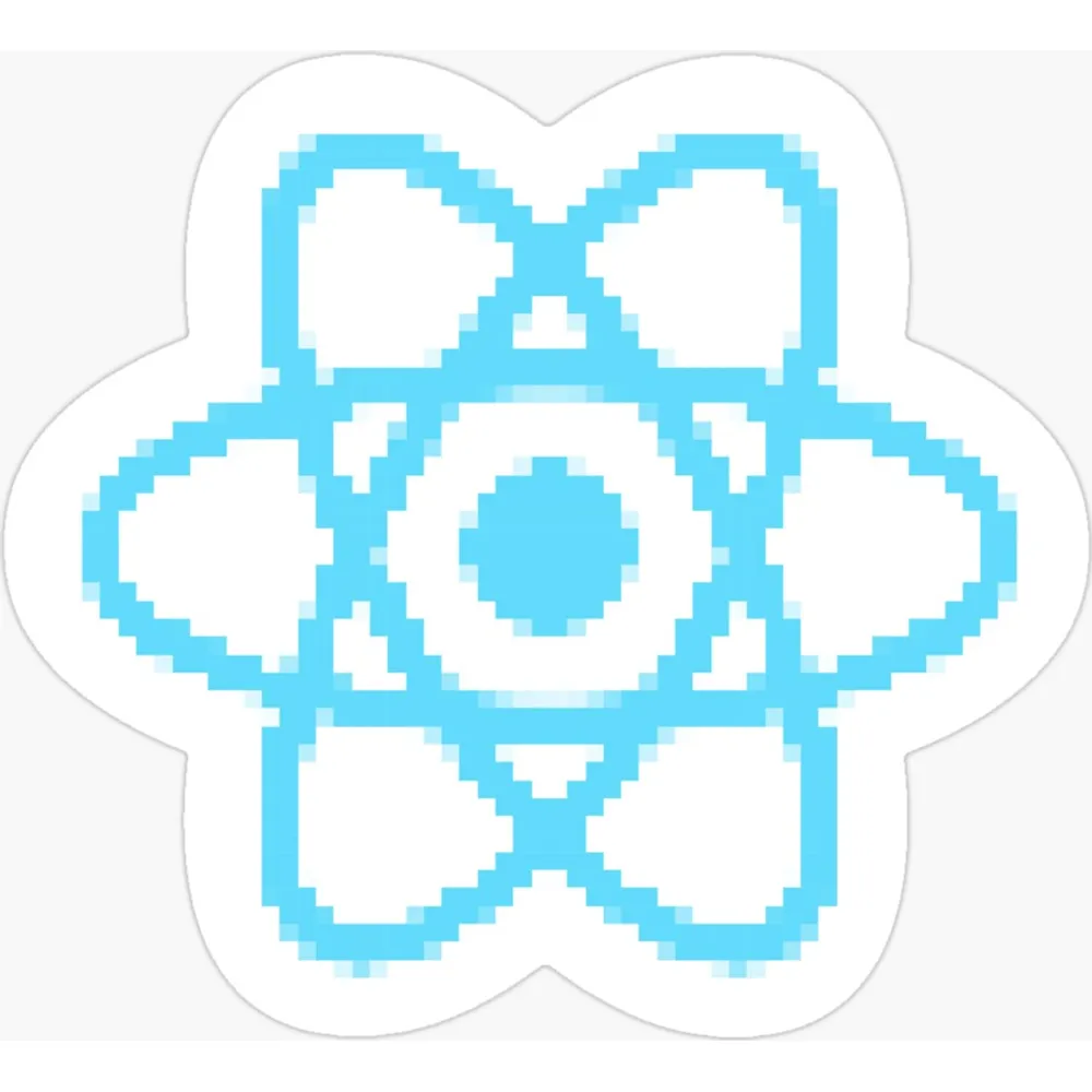 The React atom logo drawn in cyan pixel art with stair-stepped orbital rings