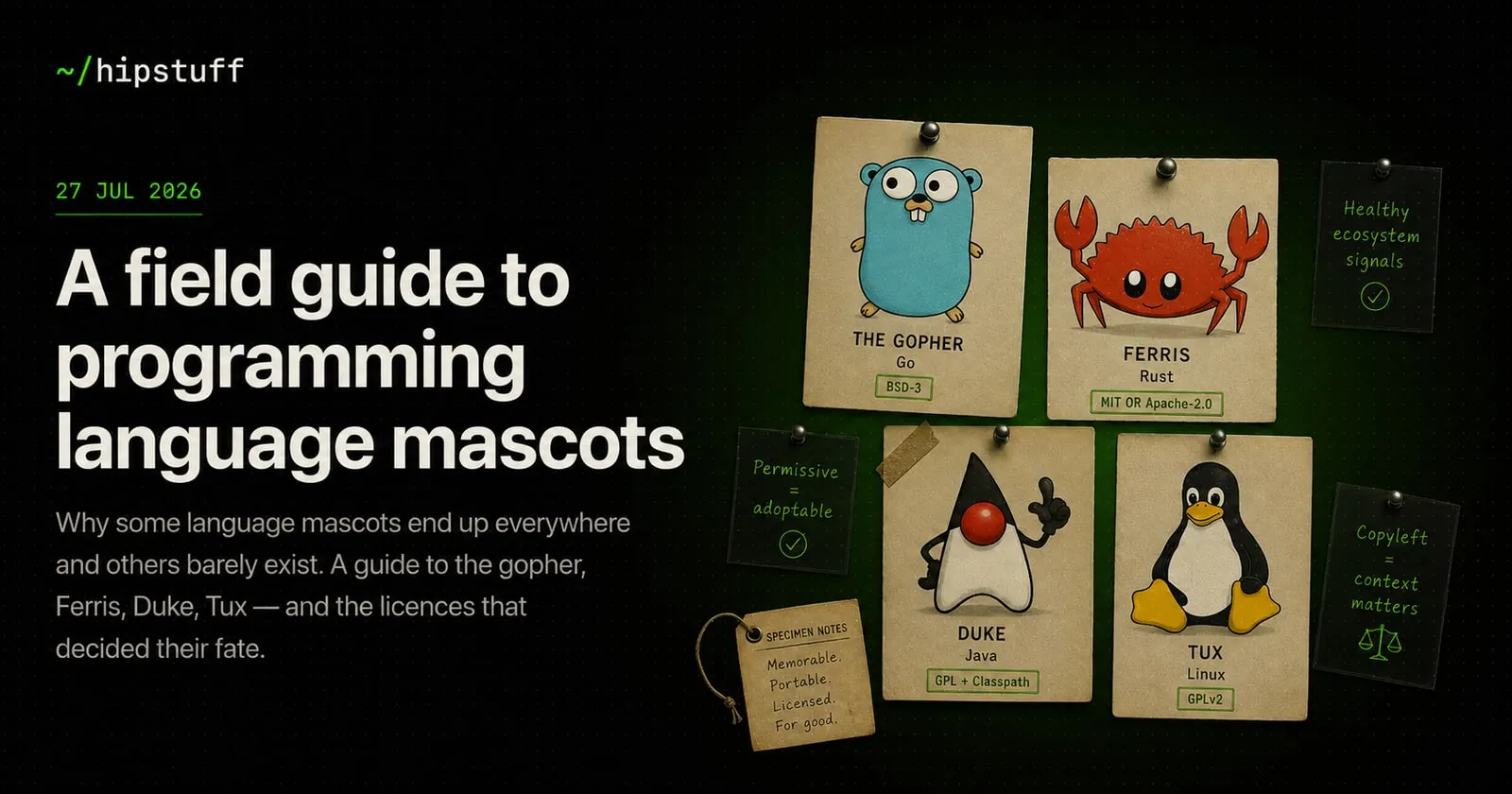 Luggage tags pinned to a board showing the Go gopher, Ferris the Rust crab, Java's Duke and Tux the Linux penguin, each labelled with its licence