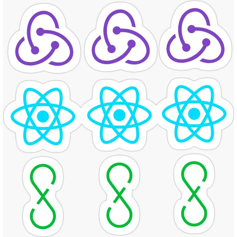 A tiled grid of Redux, React and Flux logos in purple, cyan and green