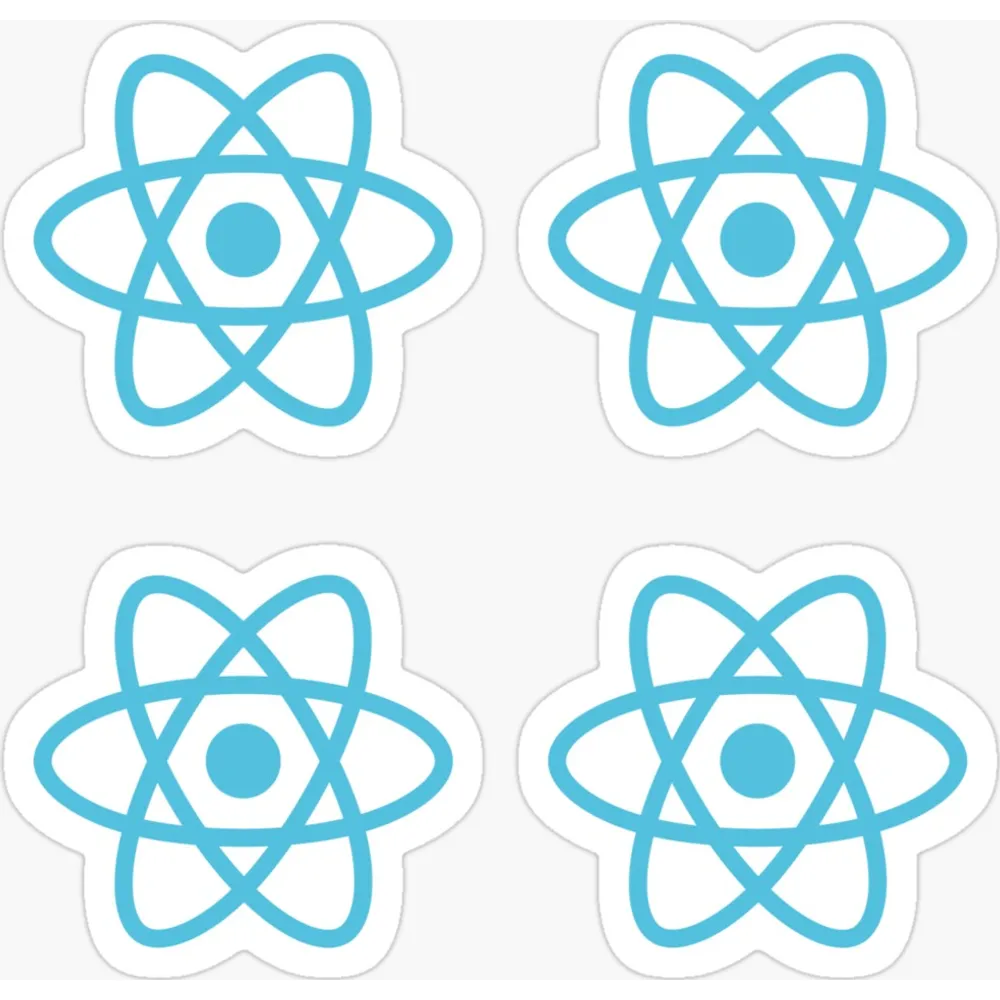 A sheet of four identical cyan React atom stickers arranged in a grid
