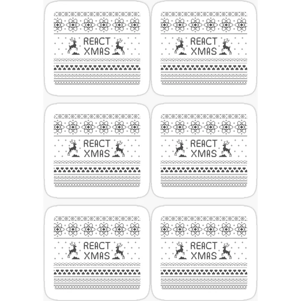 A repeating fair-isle knitting pattern in black and white incorporating React atom motifs