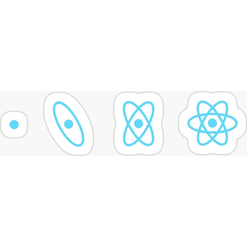 Four stages of the React logo assembling from a single dot to the complete atom