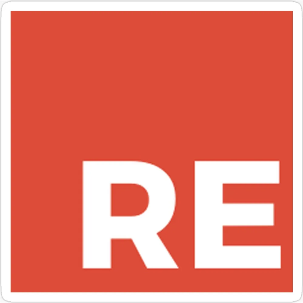 A red square containing the letters RE in bold white type