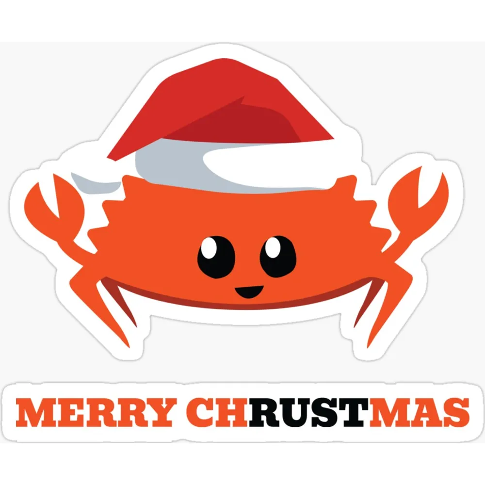 Ferris the orange Rust crab wearing a santa hat above the words Merry Chrustmas