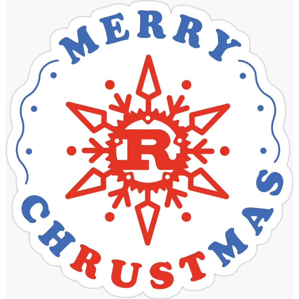 Circular festive badge with the Rust R logo inside a red snowflake, ringed by the words Merry Chrustmas in blue