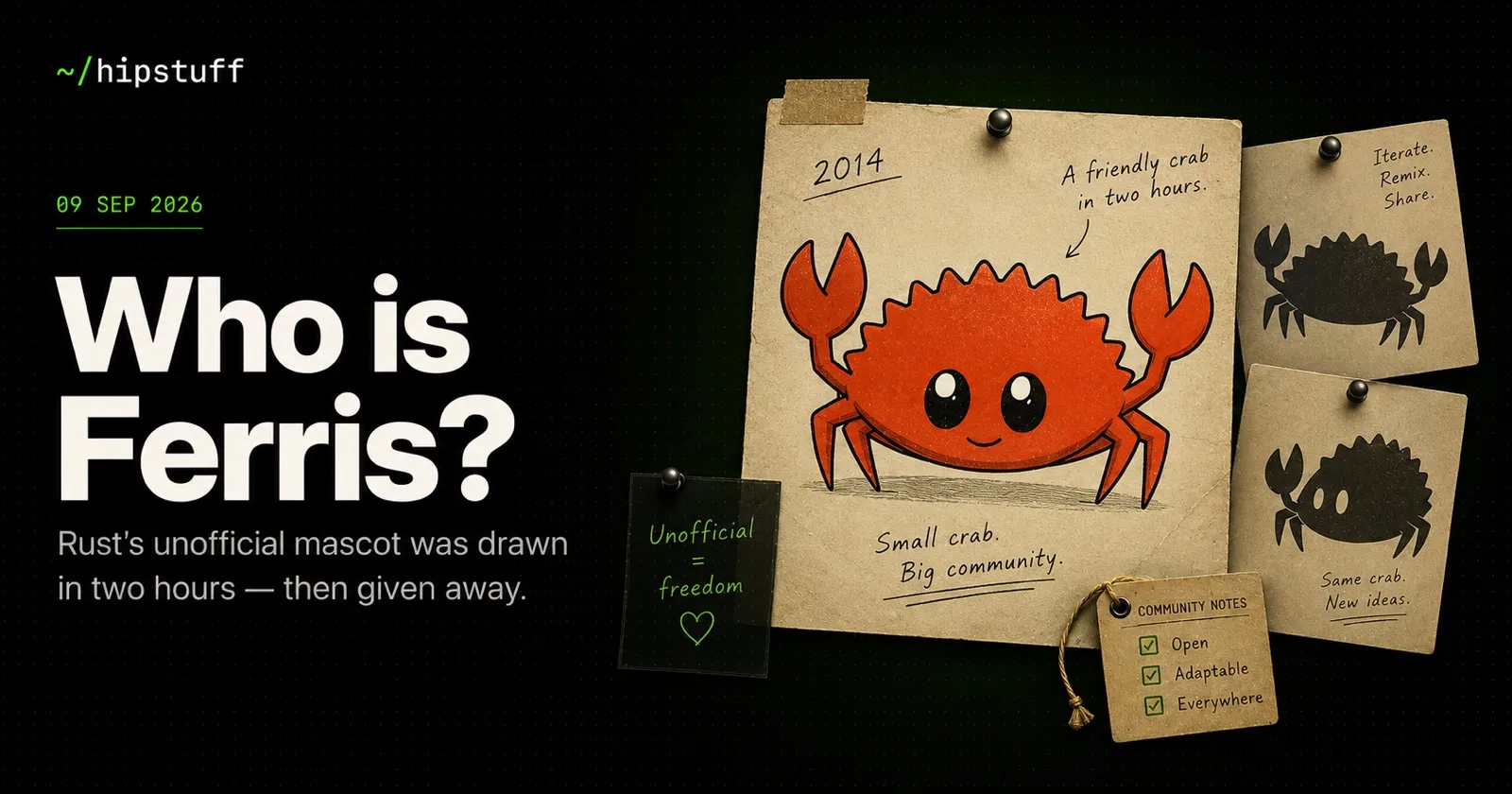 An evidence board tracing Ferris the Rust crab from a friendly 2014 sketch to a widely remixed community mascot