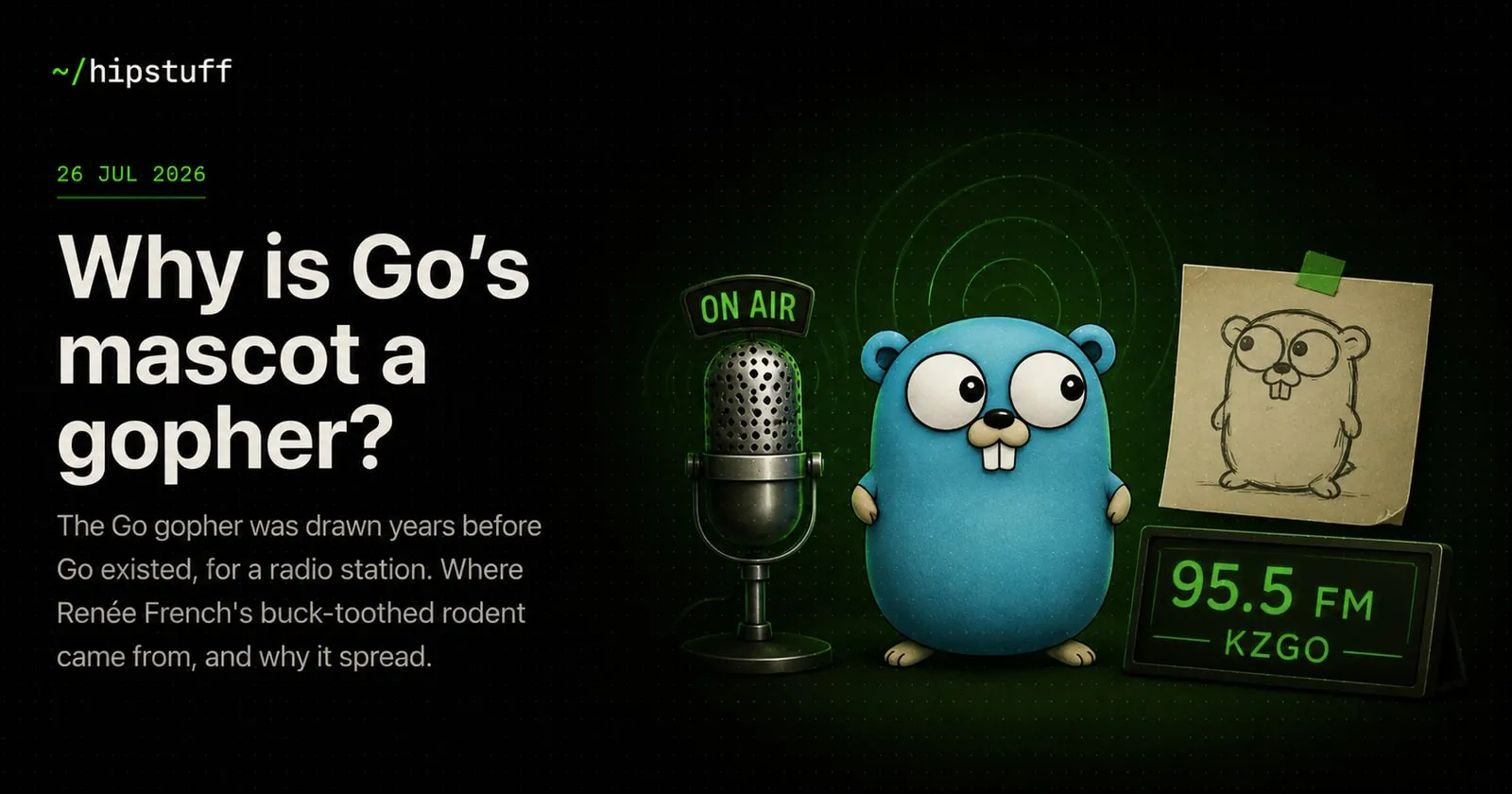 The Go gopher beside a vintage radio microphone and an illuminated ON AIR sign, with an early sketch of the character pinned up and a 95.5 FM station board
